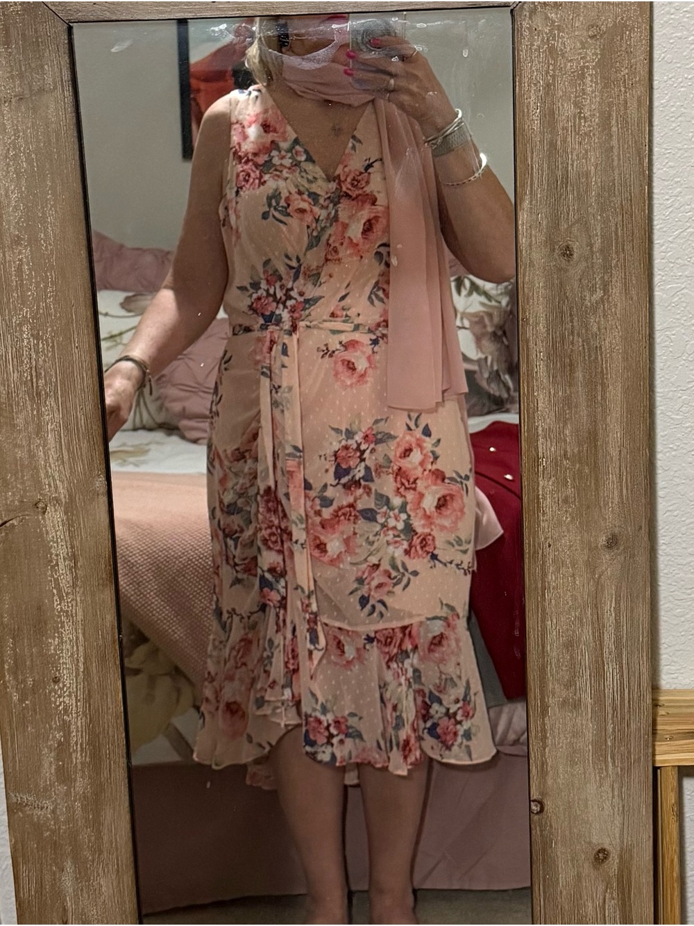 Eliza J Blush Floral Wrap Midi Dress with Scarf Accent